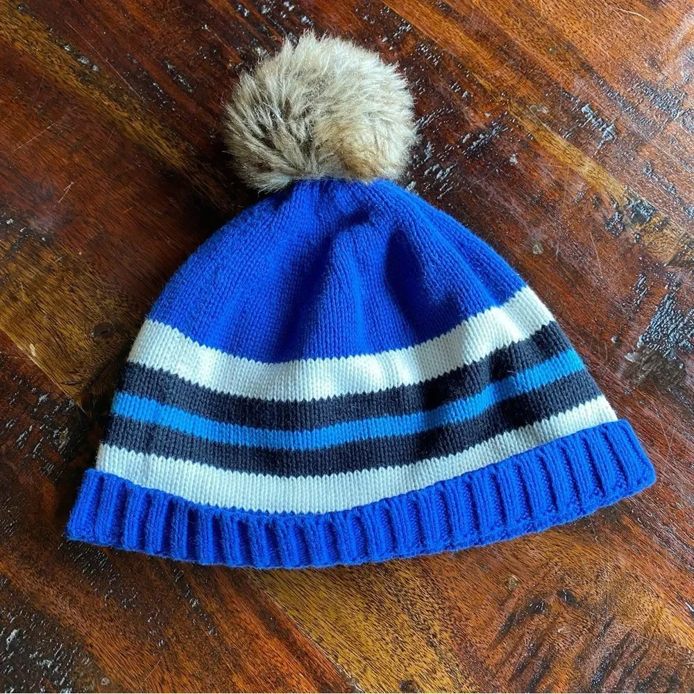 Hanna Andersson Blue and White Striped Pom-Pom Hat size M 3-6 years
